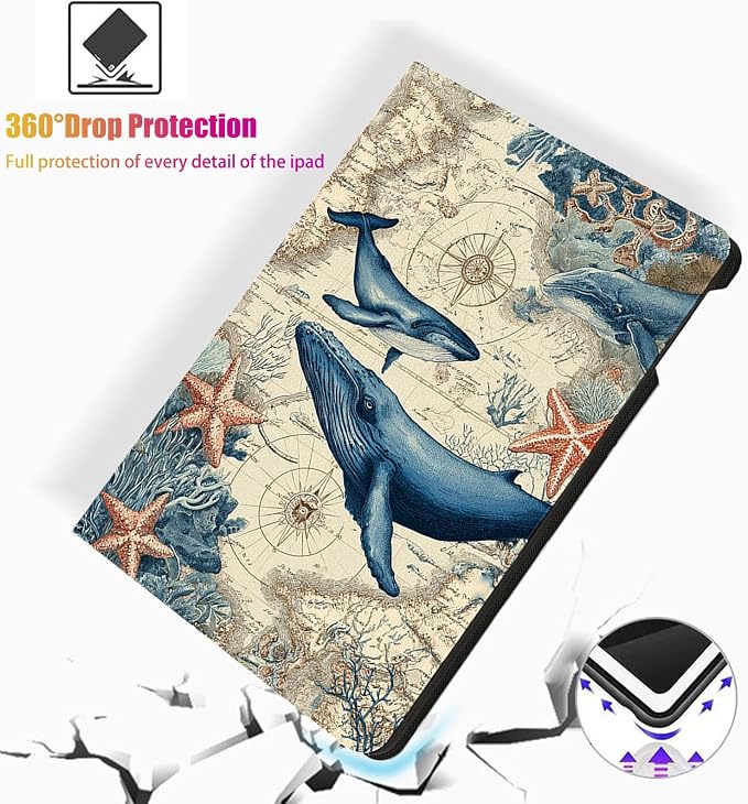 for Microsoft Surface Pro X/Pro X Plus-13 2019/2020/2021/2024 Tablet Case,Auto Wake/Sleep,Adjustable Stand Protective Cover - Nautical Whale