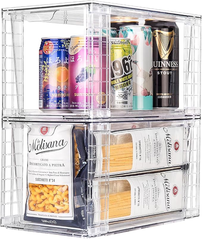 Large Stackable Kitchen Storage Drawers Up Plate, Clear Foods Organizer Bins with Handles, Easily Assemble for Bathroom, Kitchen, Pantry, Cabinet, Closet