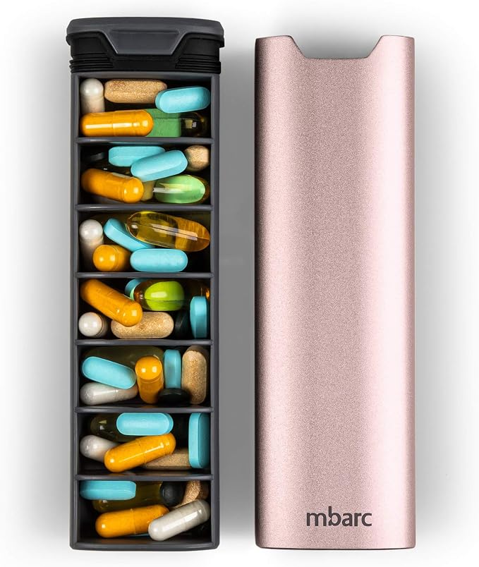 HigherHuman 7 Day Weekly Pill Organizer by mbarc - Premium Stylish Aluminum and Wood Large Capacity Pill Box for Supplements, Pills, Vitamins and Medicine.