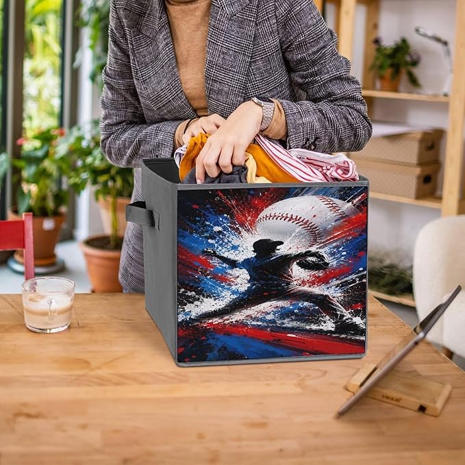 Baseball Player Pitching Action Art Storage Bin with Handles, Oxford Fabric Foldable Storage Cube Organizer for Clothes, Towels, Bedroom, Living Room, Home Organization