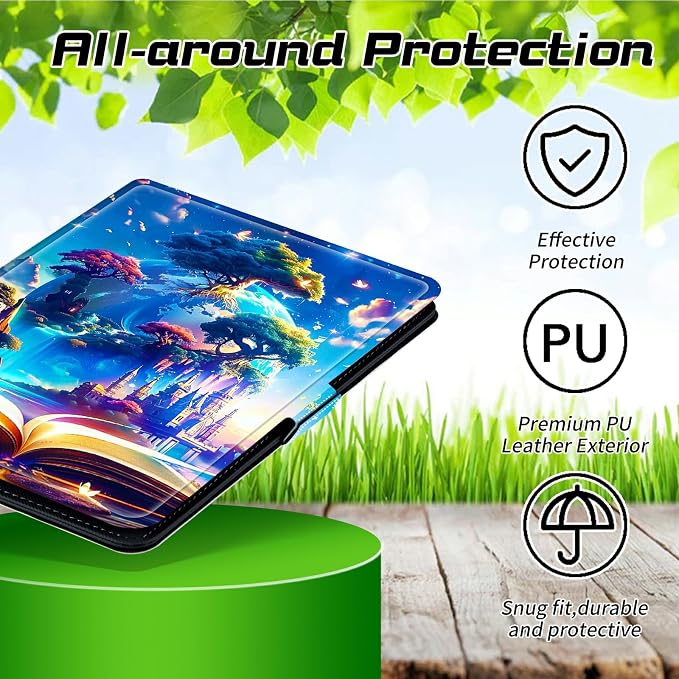 Universal Tablet Case for T-Mobile Revvl Tab 2 10.1" Model:9185W 2025/Revvl Tab 5G 10.36" 2023, 360 Degree Rotating Kickstand Protective Stand Leather Shell Cover for 9"-10.5", Book Trees