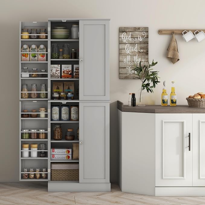 HOMCOM 65" Kitchen Pantry Storage Cabinet 16 Door Shelves Gray | Freestanding Kitchen Cabinet, 4 Doors, 8-Tier Shelving, Adjustable Shelves