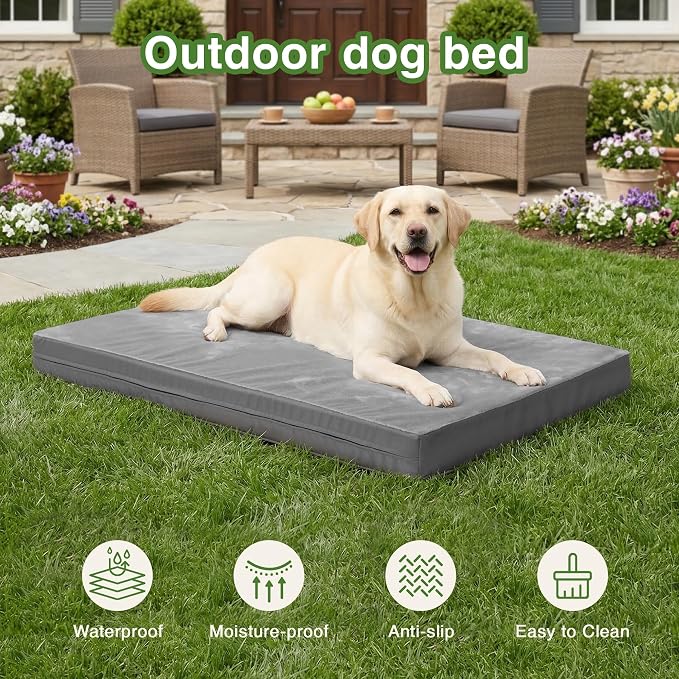 Waterproof Large Dog Bed, Washable Outdoor XL Pet Foam Pad 44x32 Anti-Slip | Extra Large Orthopedic Pet Bed, Durable Removable Cover, Reversible Faux Leather & Flannel, Dog Sleeping Mats,Gray