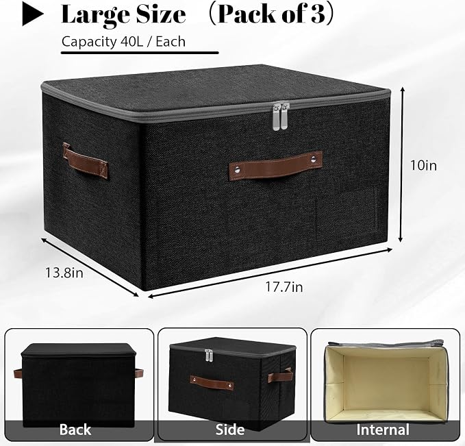 ANMINY Storage Box Fabric Bins with Zipper Lid, 17.7"x13.8"x10" Black, 3PCS | Keepsake Box, Decorative, Cotton Linen, Reinforced PP Board Frame, Washable, Stackable & Foldable, Label Holder & PU Handles