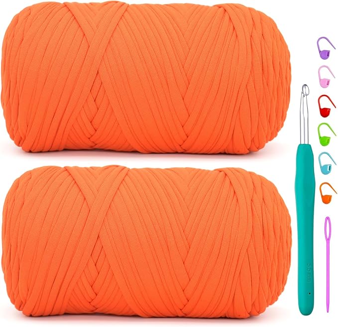 2 Pack Tshirt Yarn for Crochet,Orange T Shirt Soft Elastic Fabric Chunky Thick T-Shirt Crochet Yarn for Crocheting Knitting Beginner Hand Knitting Bag/DIY Craft/Home Decor 2 * 400G-Orange