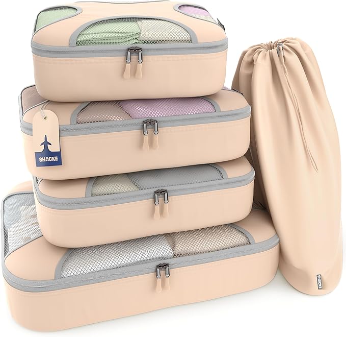 Shacke 5 Set Packing Cubes for Travel with Laundry Bag (Nude Beige) | Suitcase Organizer Bags Set: 4 Water-Resistant Luggage Cubes, XL to Small, + Laundry Bag for Carry-On or Checked