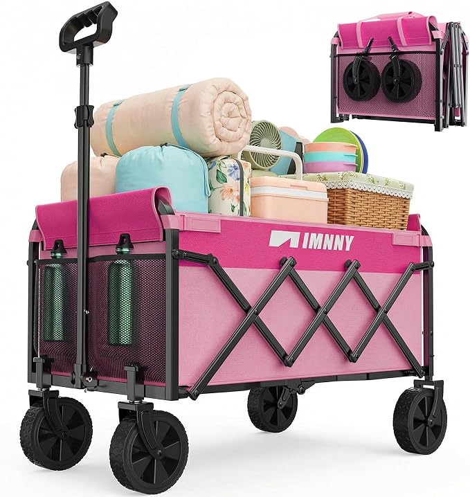 Pink Small Collapsible Wagon Cart, Lightweight Folding Utility Cart with Wheels, 220lbs Capacity Portable Grocery Cart for Sporting Events, Garden, Shopping (Pink)