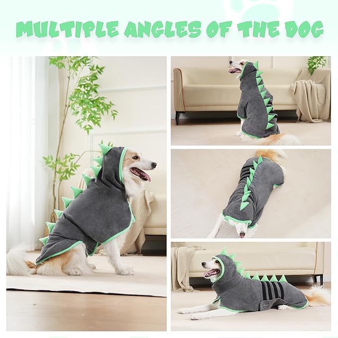 Super Absorbent Dog Bathrobe, Microfiber Bath Robe Towel for Fast Drying, Cozy Fit, Adjustable Belly Strap, Unique Dinosaur Design Dog Drying Coat for Bath, Rainy Walks & Cold Weather