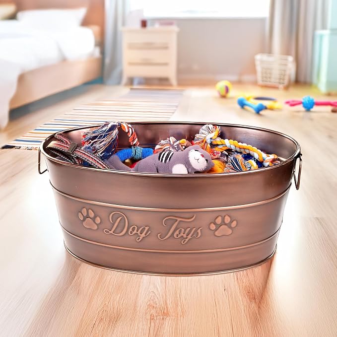 BREKX Copper Metal Dog Toy Storage Bin, Indestructible, Large | Toy, Blanket & Leash Organization • Carrying Handles