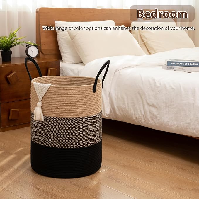 OIAHOMY 80L Nursery Hamper Laundry Basket Laundry Hamper Yellow/Black | collapsible Blanket Basket Cotton Rope Woven Basket Dirty Clothes Hamper Baby Hamper Tall Clothes Hamper with Handles