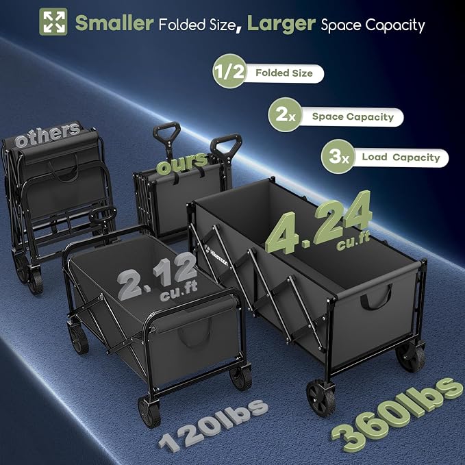 34'' Extra Long Folding Portable Wagon Cart, 120L 360LBS Grey | Wagons Carts Foldable, Heavy Duty, Collapsible Compact Storage, Utility for Shopping/Grocery/Garden/Camping/Sports
