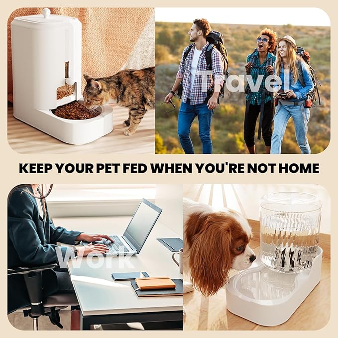 JUNSPOW Automatic Cat Feeder Dog Water Bowl Dispenser Set, Adjustable Food Dispensing & Keep Food Dry, Auto Pet Feeder and Waterer for Cats and Dogs (Bowl not Included)