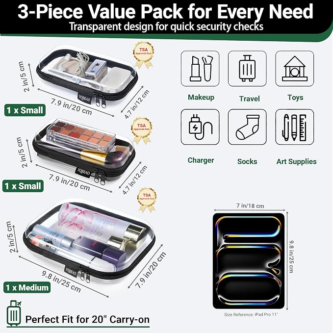 YQBRAO Clear Hard Shell Organizer Cases, Black, 3-Pack | Rigid 1.2 mm PET organizers with multi-size design for toiletries, travel storage, and everyday essentials