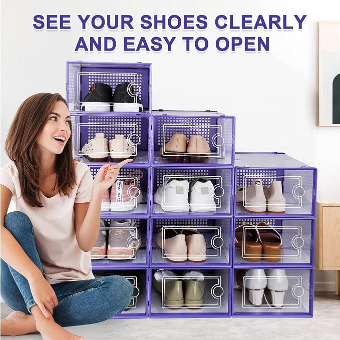 Kuject Large Shoe Organizers Storage Boxes for Closet, 12 Pack Clear Plastic Stackable Storage Bins with Lids, Under Bed Shoe Containers for Entryway, Drop Front, Fit up to Women's Size 10,Purple