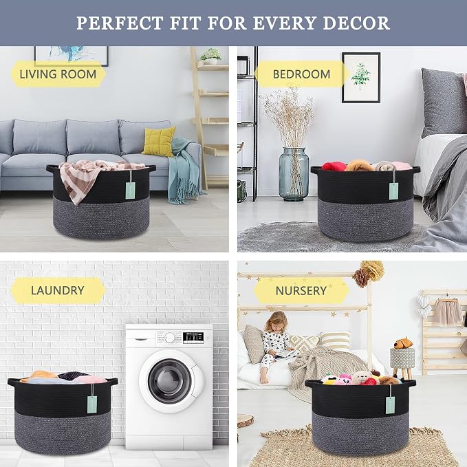 Large Cotton Rope Blanket Basket, 87L Laundry Hamper, Black & Gray