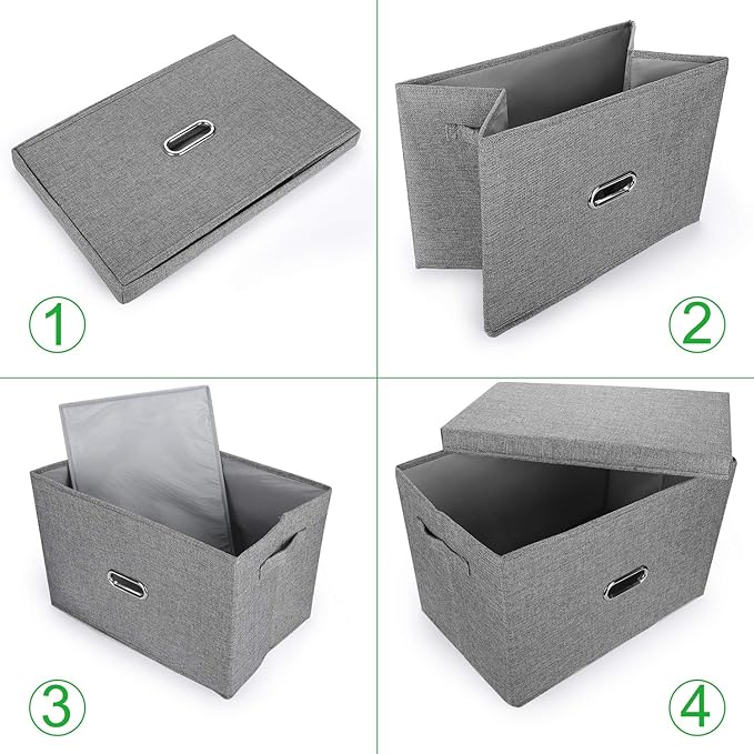 Large Linen Fabric Foldable Storage Bins with Removable Lid and Handles, Washable Storage Box Organizer Containers Baskets Cube with Cover for Bedroom,Office(Pink, Large(2-Pack))