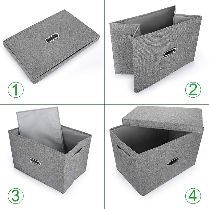 Large Linen Fabric Foldable Storage Bins with Removable Lid and Handles, Washable Storage Box Organizer Containers Baskets Cube with Cover for Bedroom,Office(Cream, Large(2-Pack))