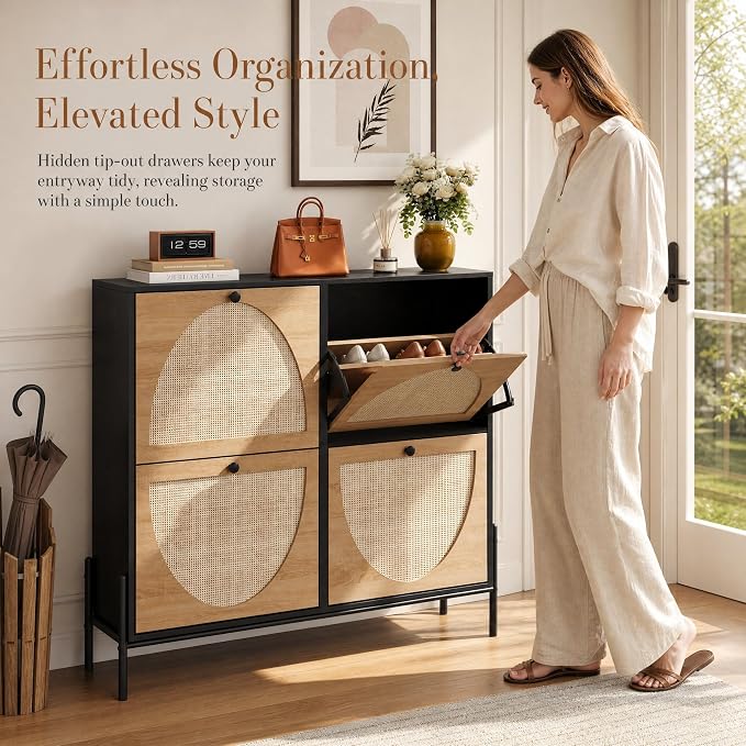 Rattan Shoe Cabinet Storage,Narrow Shoe Rack for Entryway with 4 Flip Drawers, Freestanding Wooden Shoe Organizer Cabinet with Metal Legs for Hallway (Black + Natural, 4 Flip Drawers)