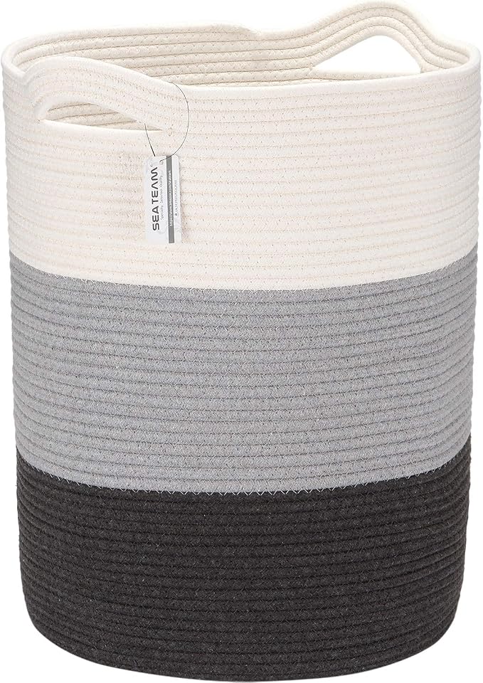 Sea Team Large Woven Cotton Rope Laundry Basket with Handles, 20 x 14 in | Collapsible Knitted Hamper, Closet Shelf Organizers, Containers for Clothing, Blankets, Toys, Bedding, Gray