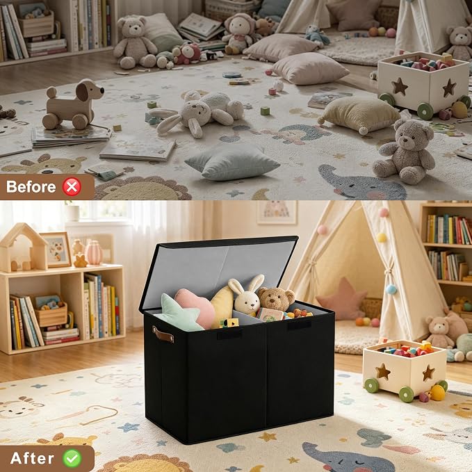 Large Toy Storage Box with Lids, Collapsible Sturdy Baby Storage Organizer Chest Bin Basket for Kids, Boys, Girls, Playroom, Nursery, Bedroom, Closet 25"x13"x16" (Black)