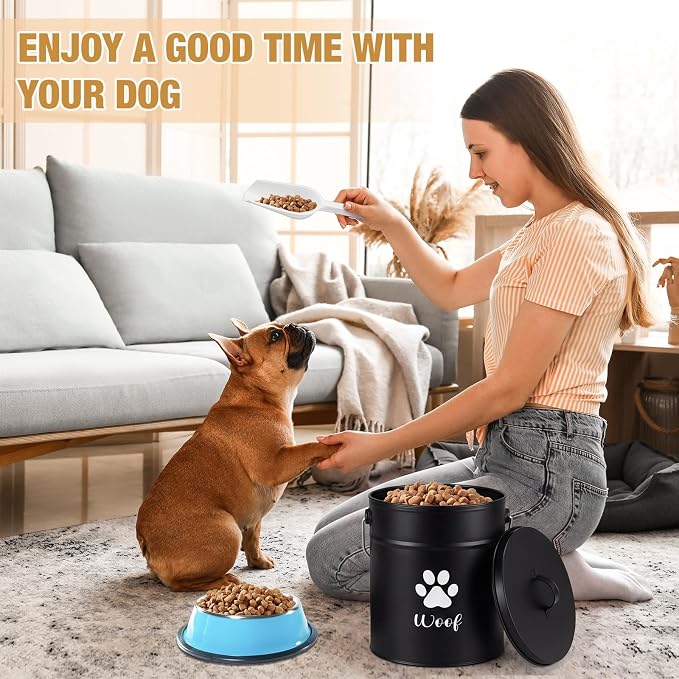 DoubleFill Extra Large 23+10 lb Metal Dog Food Storage Containers, Black | Airtight Dog Treat Snack Jars with Lids and Spoon, Farmhouse Style Big Pet Cookie Storage Bin for Kitchen Counter, Set of 2