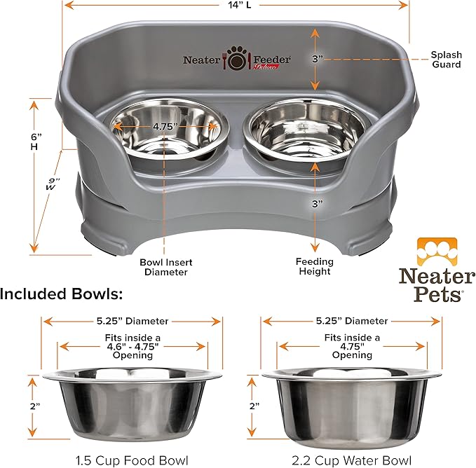 Neater Pet Brands Neater Feeder Deluxe Mess Proof Dog Bowls Elevated for Small Dogs Under 19 lbs, Made in USA, No Spill Raised Dog Food Bowl Stand Feeding Station, Food and Water Bowl Set, Gunmetal
