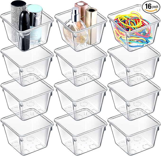 Tioncy 16 Pcs Stackable Clear Drawer Organizer 3" x 3" x 2" Storage Bins | For Makeup Vanity Bathroom Kitchen, Small Containers Office Desk Cosmetics, Transparent Organizers Declutter Drawers Easily