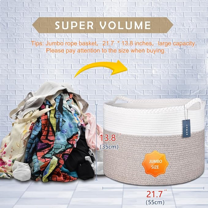 COMSE XXXLarge Woven Blanket & Laundry Basket, 87L, White & Light Brown | 21.7" x 13.8", Cotton Rope, Nursery Hamper for Storage of Toys Clothes Towels, Ideal for Living Room Bedroom Bathroom
