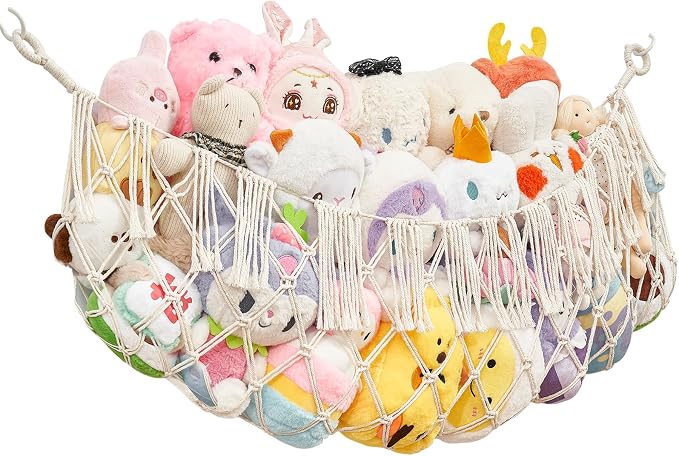 Stuffed Animal Net Hammock, Save Space Eliminate Clutter (white) | Premium Cotton Hand-knitted plush hammock, Boho Stuffed Animal Storage for Nursery, Bedroom Decor, playrooms