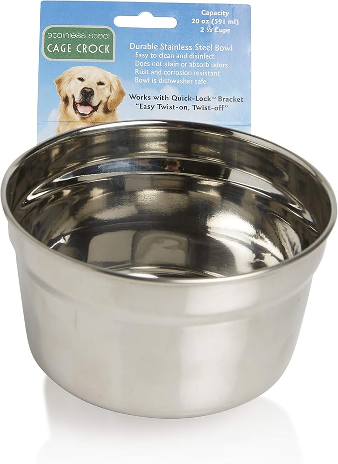 Lixit® Stainless Steel Kennel Food or Water Bowl - Non Spill Hanging Removable Crate Bowls - Carrier Cage Dish for Dogs or Cats for Feeding and Drinking (Stainless Steel, 20 Ounce)