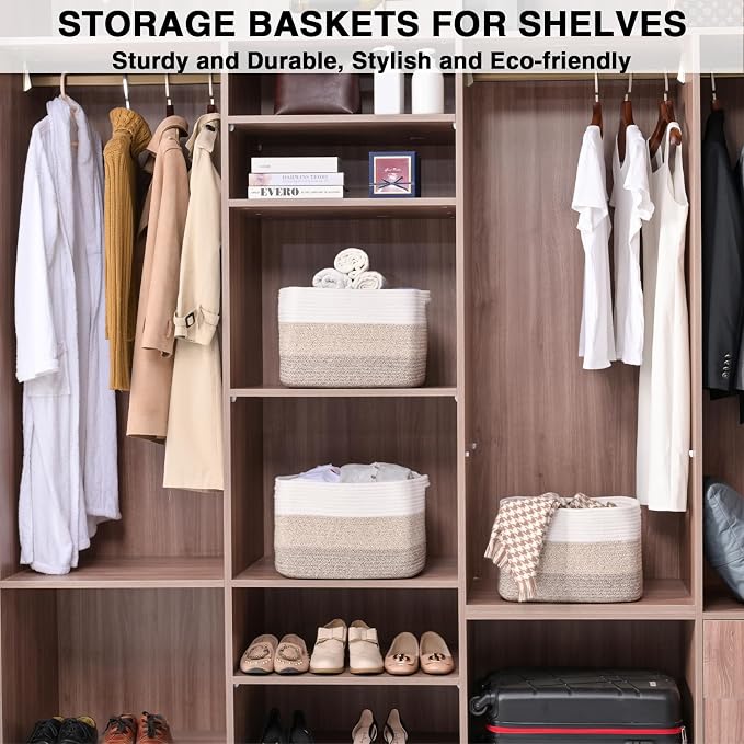 Storage Baskets for Organizing Shelves, Woven Cotton Rope Basket for Storage, Decorative Baskets for Shelves, Soft Basket for Living Room Bedroom, 14.8"×11"×9.5", Pack of 3, Gradient Brown