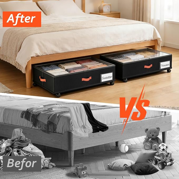 Scilulu Under Bed Storage with Wheels 4-Pack, 66L, 30" L x 16.2" W x 7.5" H | Rolling under bed drawers with sturdy frame, clear lids; underbed containers store clothes, shoes, blankets, toys & holiday
