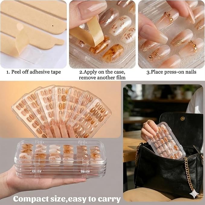 Inmorven Press On Nail Storage Box, Tri-Fold Transparent PET Nail Organizer Case with 30pcs Double-Sided Adhesive Tape, Portable 3-Layer Fake Nails Display Holder for Travel & Home