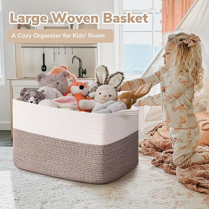Goodpick Large Woven Rope Blanket Basket, Rectangle, White & Brown | 21.6'' x 14.9'' x 11.8'' Storage Basket for Blankets & Toys, Living Room, Bedroom & Nursery Organization, Reinforced Handles