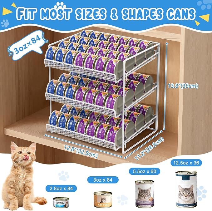 Cat Food Can Organizer 3-Tier Can Organizer for Pantry 84 Cans 3.5oz | White metal 3-tier cat food can organizer,Holds 84 cans 3.5oz,Adjustable pantry countertop storage for kitchen cabinet