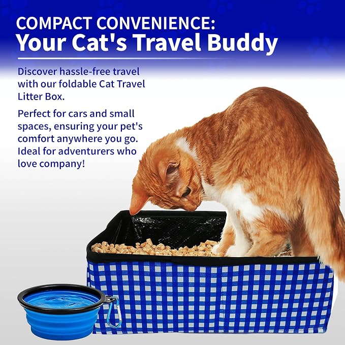 Pet Fit For Life Vibrant Collapsible Travel Cat Litter Box 16"x12"x5" Blue | Portable, Foldable Pop-Up Litter Box with Bonus Water Bowl. Compact Design Folds Flat for Travel, Camping and Home Use