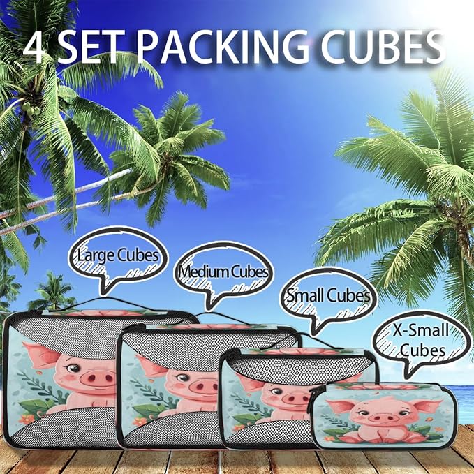 4 Set Packing Cubes for Travel, Pig Packing Cubes for Women, Travel Luggage Packing Organizers, Packing Cube Set, Animal Funny Cute Piggy