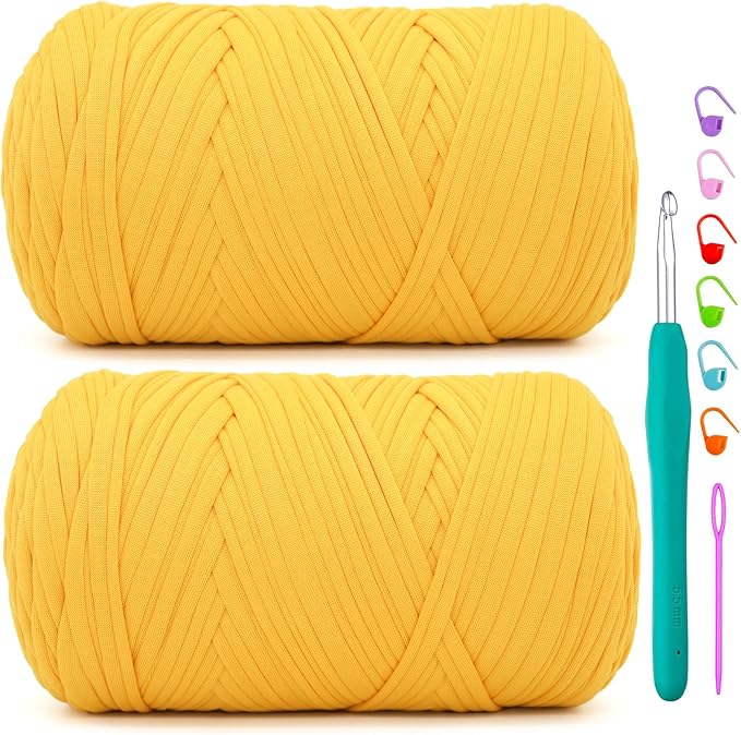 2 Pack Tshirt Yarn for Crochet,Golden Yellow T Shirt Soft Elastic Fabric Chunky Thick T-shirt Crochet Yarn for Crocheting Knitting Beginner Hand Knitting Bag/DIY Craft/Home Decor 2*400G-Golden Yellow