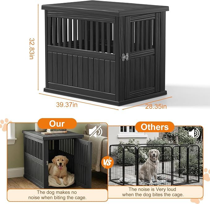 EFU 40 Inch Large Dog Crate Furniture, Indoor Dog Kennel, Puppy Pet House | Resin Pet House End Side Table, Waterproof Puppy Crates Cage for Large Medium Dogs to 70 lb, Black