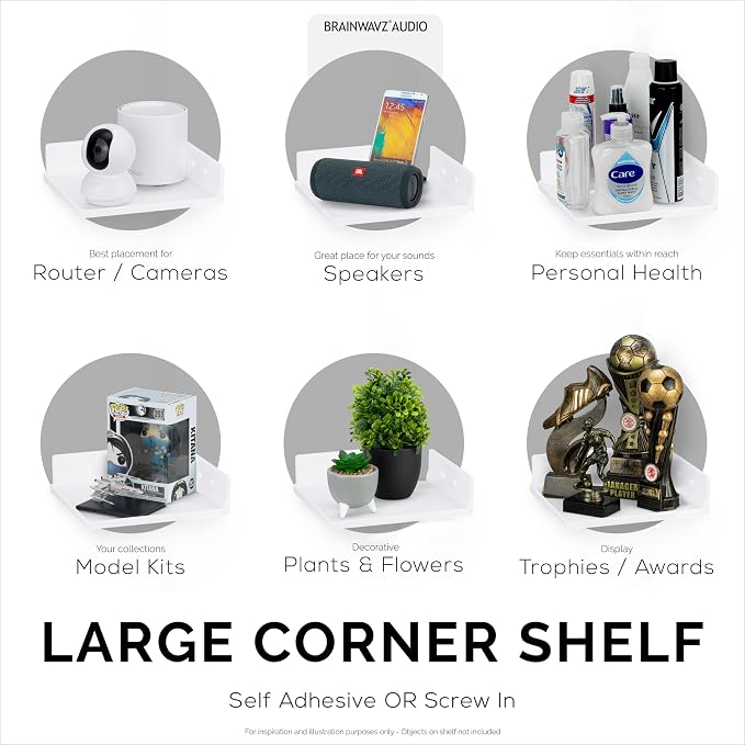 9" Small Corner Shelf Mount, Adhesive & Screw in, for Speakers, Cameras, Baby Monitors, Plants, Books Electronics, Collectibles & More, Floating Shelves (White) by Brainwavz