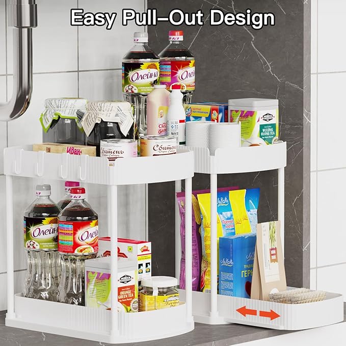 2 Packs Under Sink Pull-Out Storage Organizers, 14.8 Inches, White | Multi-Purpose Cabinet Organizers and Storage for Bathroom & Kitchen