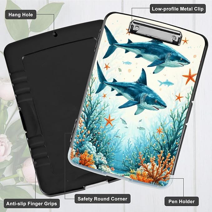 A4 Clipboard with Storage Pen Holder, Clipboards Organizer Nursing Clipboard Foldable File Folder Plastic Clipboard Folio Clip Board for Office Work Classroom Doctor, Tuna Under the Sea