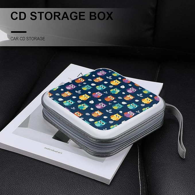Portable CD Storage Case for 40 Discs Cute Owl, Hard Shell Binder with Handle, Protective Organizer for Car Office Travel