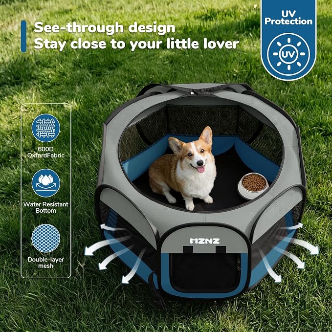 Dog Cat Small Animal Puppy Playpen Crate, Medium, Grey Blue | Portable Pop Up Pet Cage Enclosure Tent Kennel Indoor Outdoor with Carrying Case, No Assembly, Camping Use