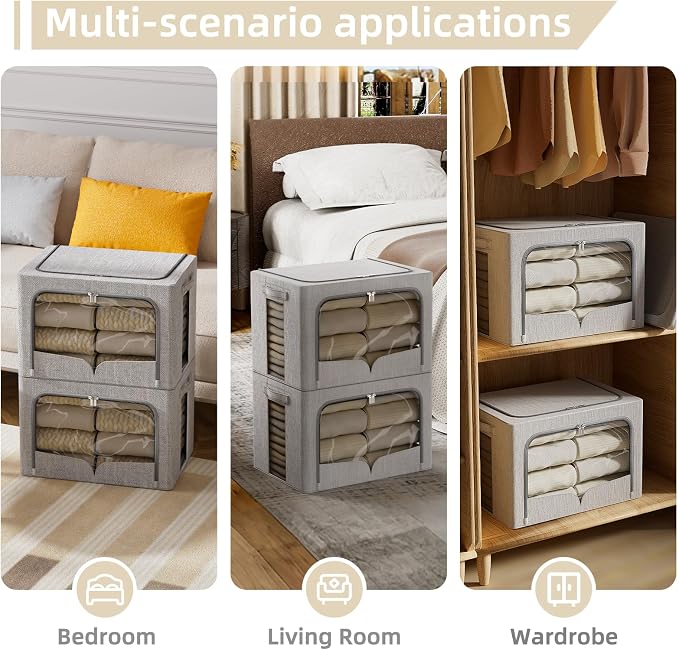 FHSQX 3 Pack Clothes Storage Bins, Light Gray, 16.5x12.2x12.2inch (40L) | Foldable Metal Frame, Stackable, Linen Fabric, Carrying Handles, Clear Window