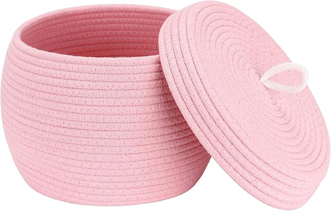 Sea Team Round Woven Cotton Rope Storage Basket with Lid, Pink | Lidded Knitted Decorative Storage Bin, Pot, Caddy, Organizer, Container for Snacks, Towels, Plants, 10 x 7.5 Inches