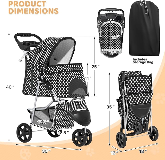 Magshion 3-Wheel Pet Stroller for Small/Medium Dogs & Cats, Up to 33lbs | Foldable Travel Jogger w/ Breathable Mesh Cover, Lightweight Design, Safety Tethers, Cup Holder & Storage Basket