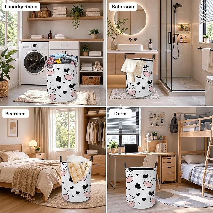 Cute Cow Laundry Hamper, Black Hearts Laundry Baskets, Waterproof Oxford Cloth for Room/Bathroom/Bedroom/Dormitories 16x20.8 Inch
