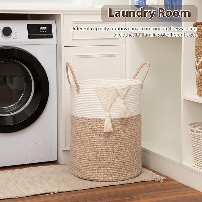 OIAHOMY 80L Nursery Hamper Laundry Basket Laundry Hamper Brown/White | collapsible Blanket Basket Cotton Rope Woven Basket Dirty Clothes Hamper Baby Hamper Tall Clothes Hamper with Handles