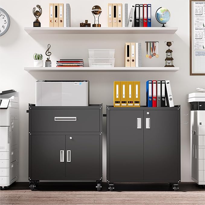 COFaR Heavy-Duty Rolling Storage Cabinet, 2-Door Metal Garage Cabinet with 2 Adjustable Shelves, Lockable Wheels & Locking Doors, 35"H Large Capacity Tool Chest for Workshop, Garage, Warehouse - Black